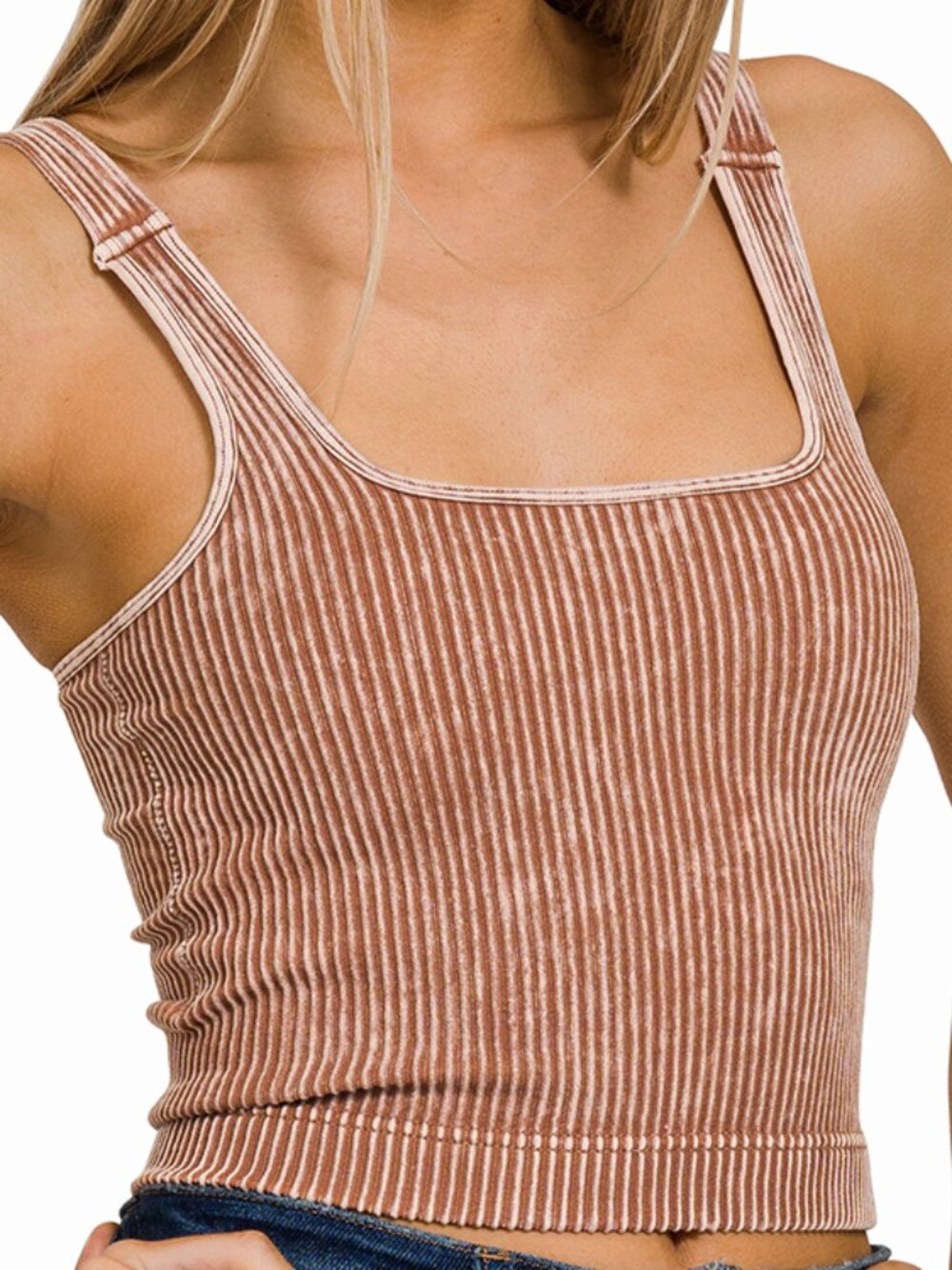 Washed Seamless Square Neck Bra Padded Tank Top in Deep Camel